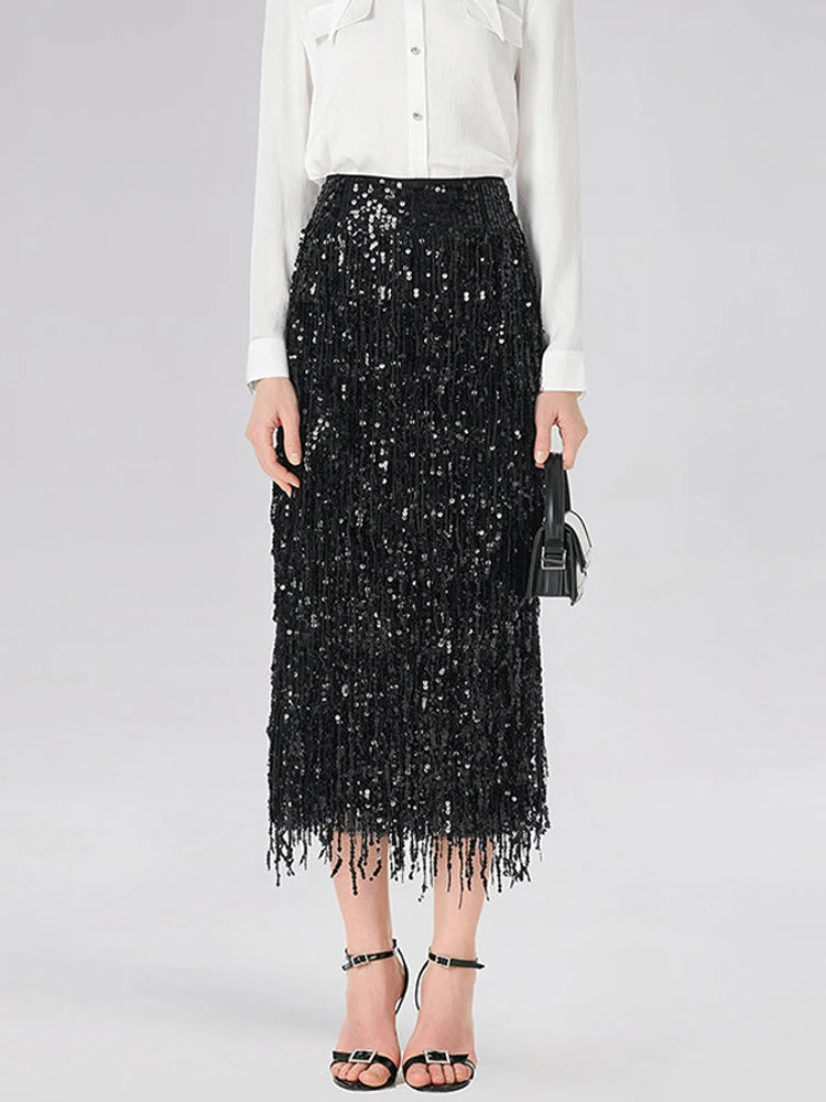 Fashion High Street Split Long Skirts Sparkling Tassel Spring Summer Women's Skirts Elegant Temperament Banquet Wrap Hip Skirt LADYLYS
