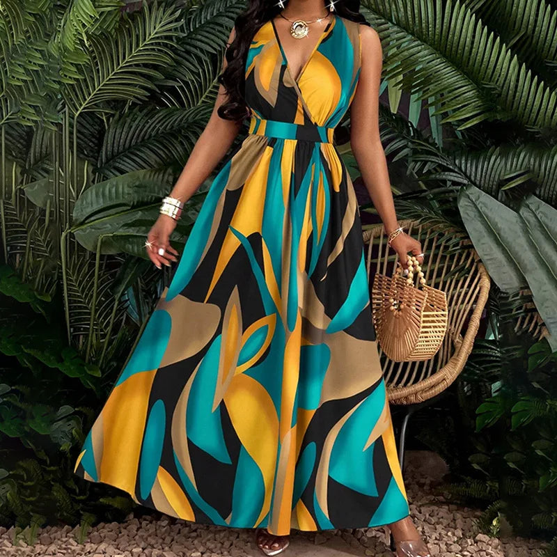 Temperament Printed Waist Cinching Dress, Summer V-neck Elegant LADYLYS
