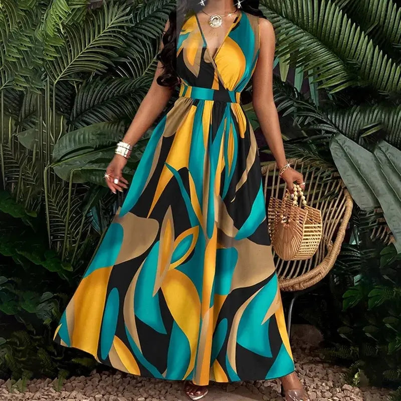 Temperament Printed Waist Cinching Dress, Summer V-neck Elegant LADYLYS