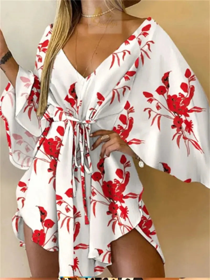 Print Dress Sexy V-Neck Bat Sleeve Ruffl Flowers Mini LADYLYS