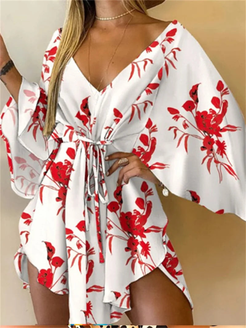 Print Dress Sexy V-Neck Bat Sleeve Ruffl Flowers Mini LADYLYS