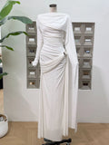Slash Neck Long Sleeve Slim Midi Dress – Ribbon Waist Elegant Evening Wear