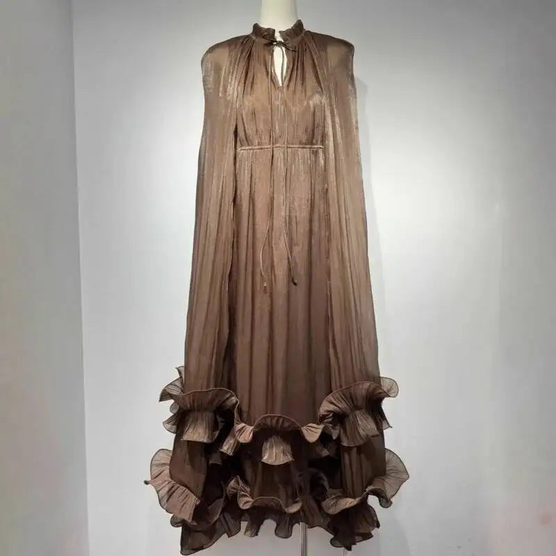 Women's V-Neck Cape Sleeve Maxi Dress – Ruffle Edge, A-Line Floor-Length