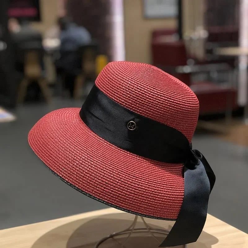 French Retro Straw Sun Hat with Bow Detail - Hepburn Style Elegant Wide Brim LADYLYS