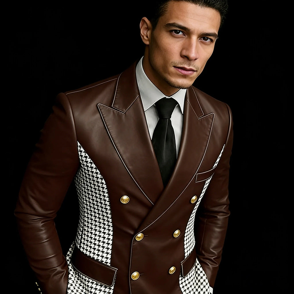 Leather Blazer With Houndstooth Sides Vintage Two-Tone Double Breasted LADYLYS