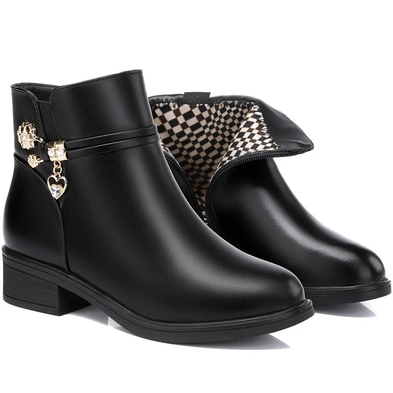 Women's Rhinestone Ankle Boots – Plush-Lined Zip-Up Low Heel Booties