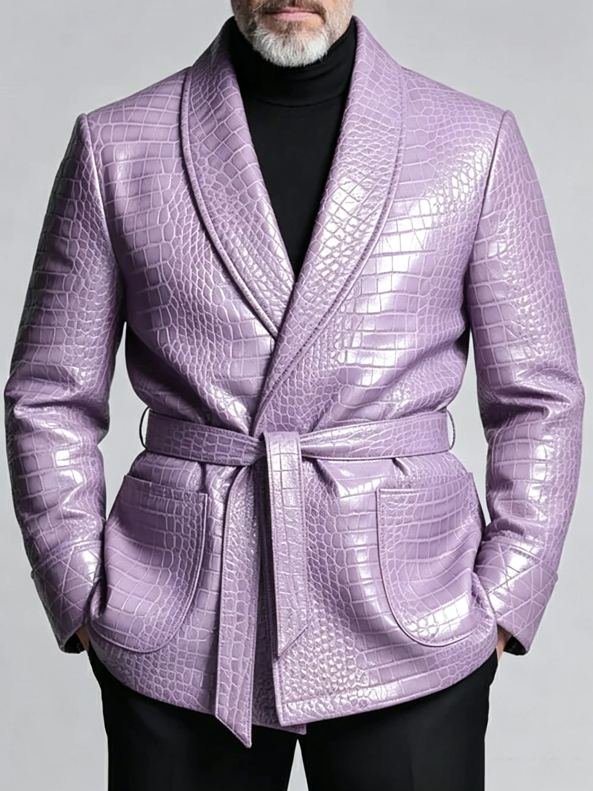 Men's Crocodile-Embossed PU Leather Blazer – Shawl Lapel, Belted, Slim Fit