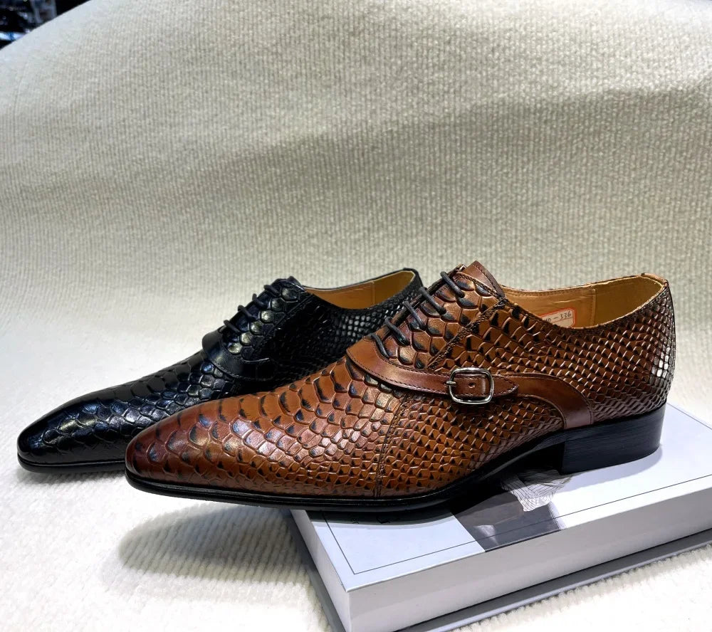 Italian-Style Handcrafted Leather Oxford Shoes – Python Pattern, Pointed Toe