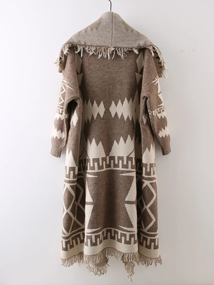 Women's Vintage Khaki Knit Cardigan Coat with Tassel Trim and Wide Lapels