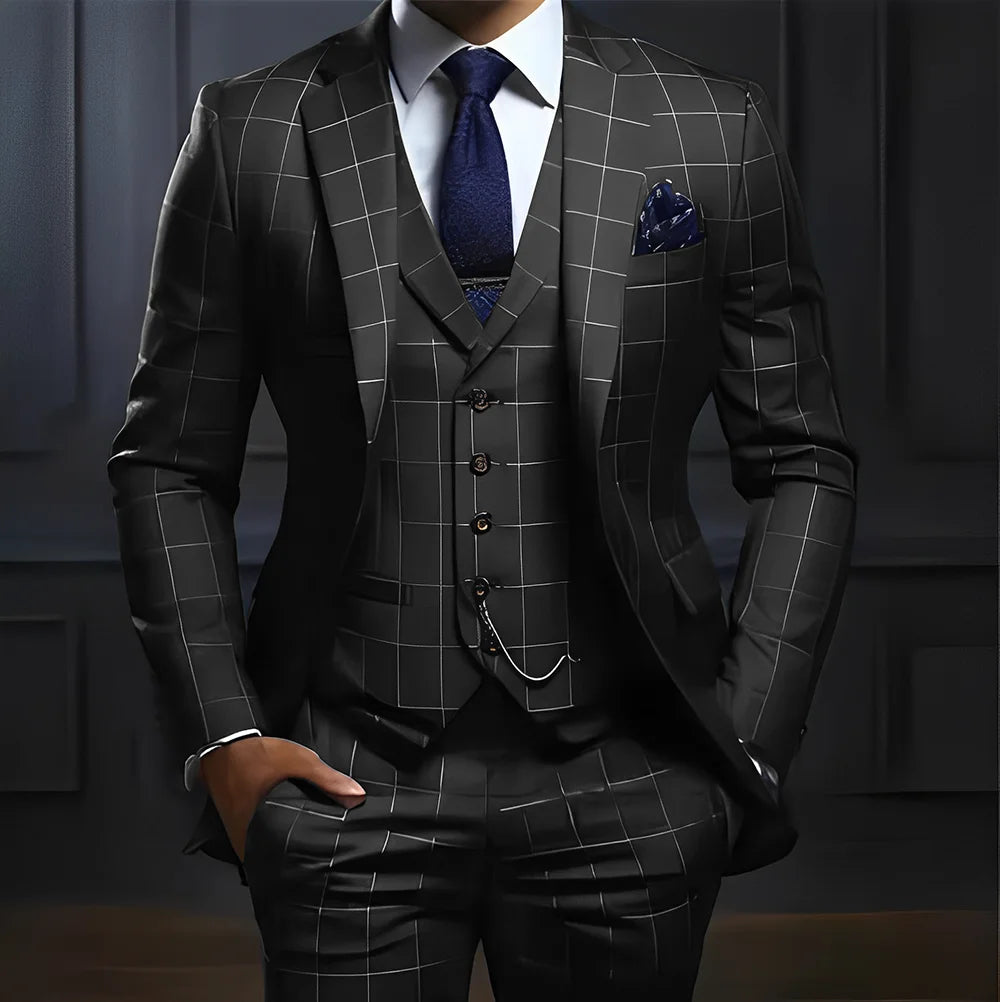 Men’s Plaid Three-Piece Suit for Weddings and Business