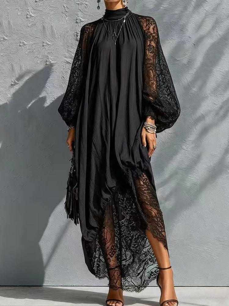 Women's Black Lace Maxi Dress with Mock Neck and Long Sleeves