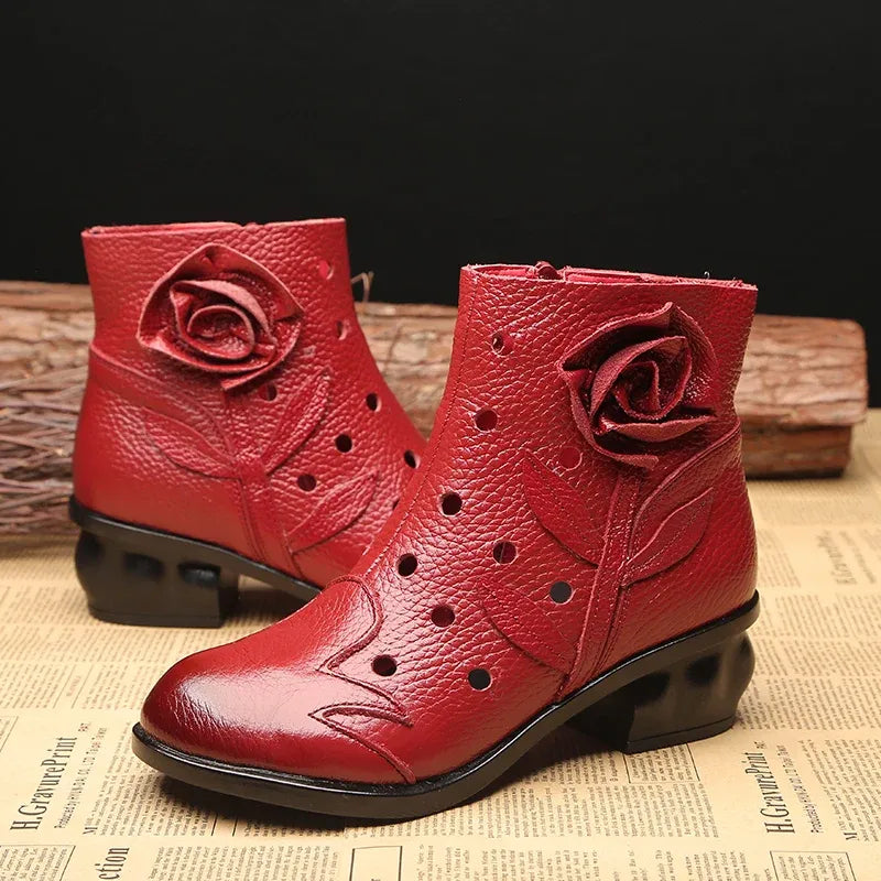 Women's Leather Ankle Boots with Low Heel and Zip