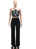 Women's 2-Piece Set – Strapless Flower Patchwork Crop Top & High-Waist Wide-Leg Trousers | Y2K Clubwear