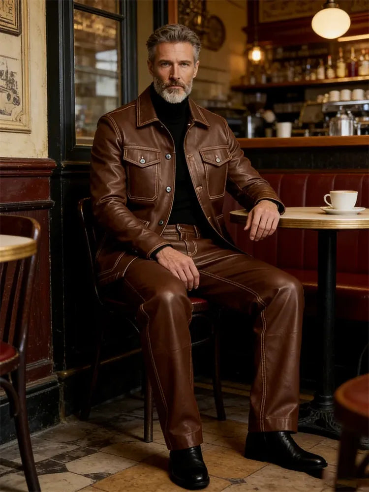 Men's Faux Leather Two-Piece Jacket & Trouser Set