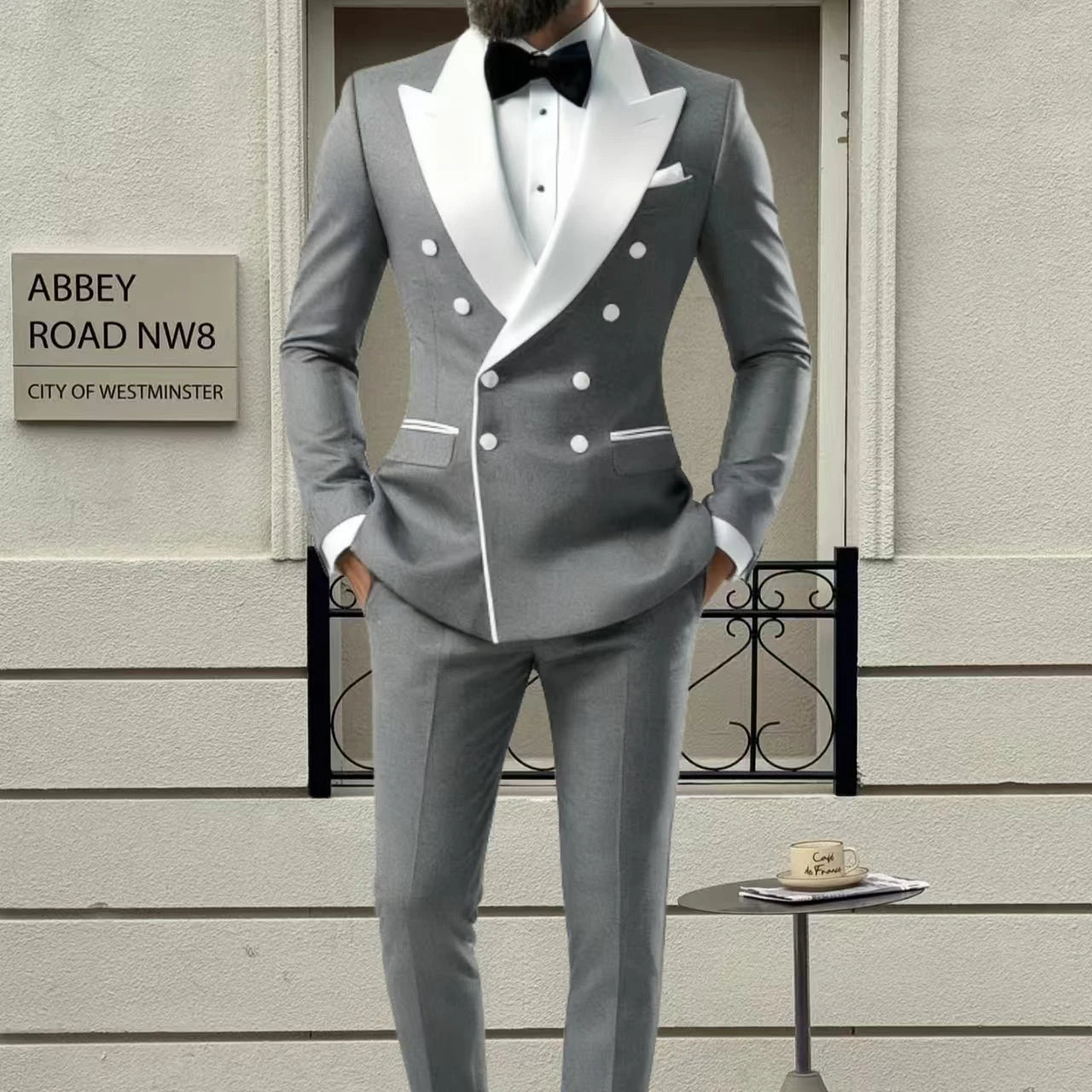 Men's 2-Piece Casual Smoking Set White Lapel Blazer Pants LADYLYS