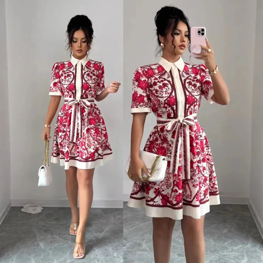 Printed Tie-Waist Shirt Dress – Short Sleeve A-Line Knee-Length | High Street Y2K Style