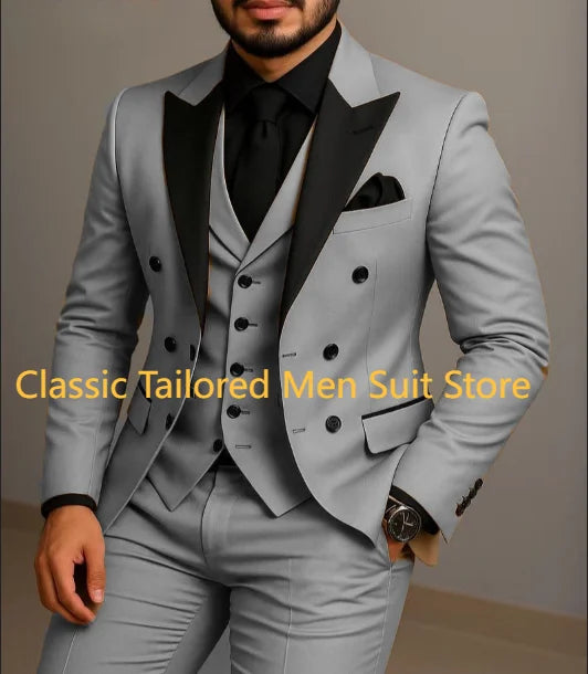 Beige Double Breasted Black Lapel  Slim Fit Wedding Suit LADYLYS