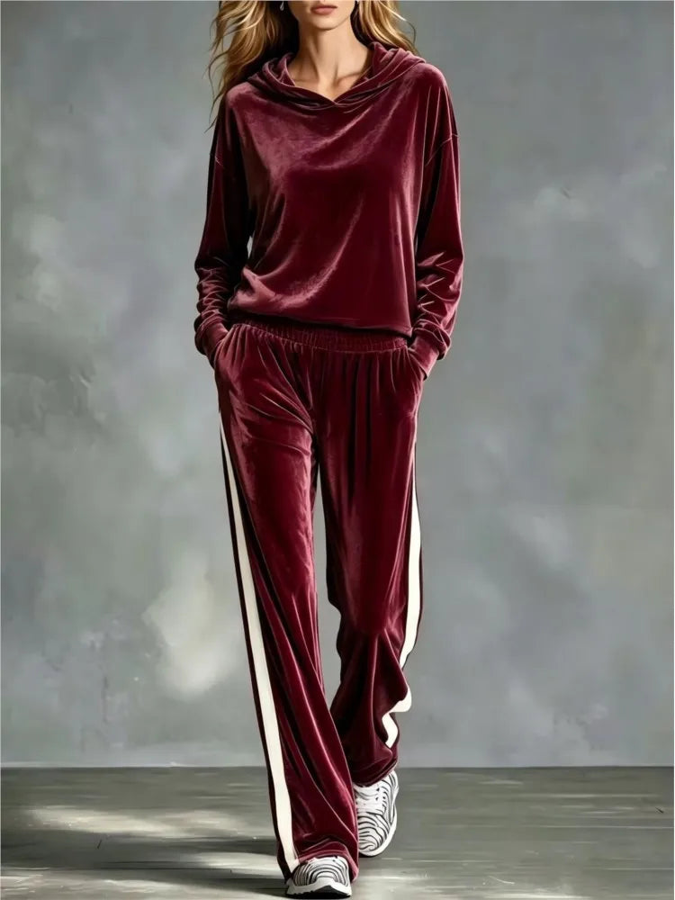 Women's 2-Piece Hooded Sweatshirt & Trouser Set – Patchwork, Casual Loose Fit
