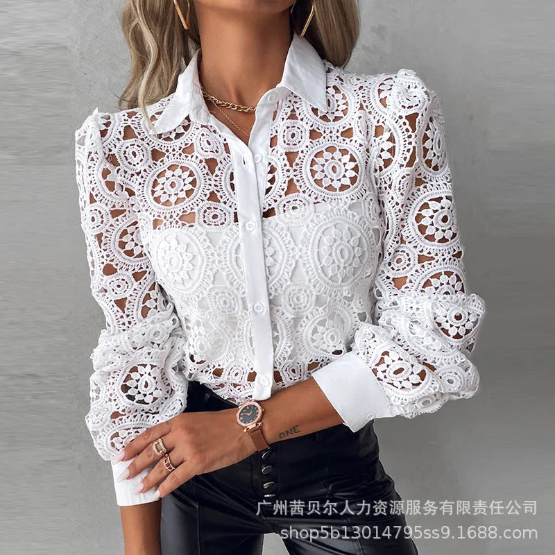 Lace Blouses Elegant Office White Shirt Long Sleeve Button Turn-down Collar Sexy