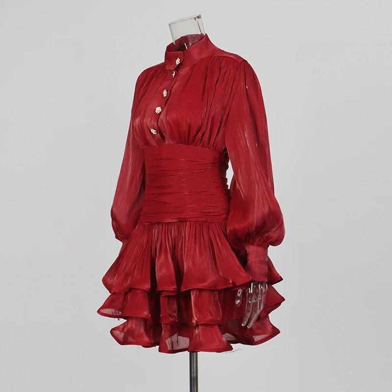 Solid Spliced Ruffles Dress Female Stand Collar Long Sleeve Loose French Elegant LADYLYS