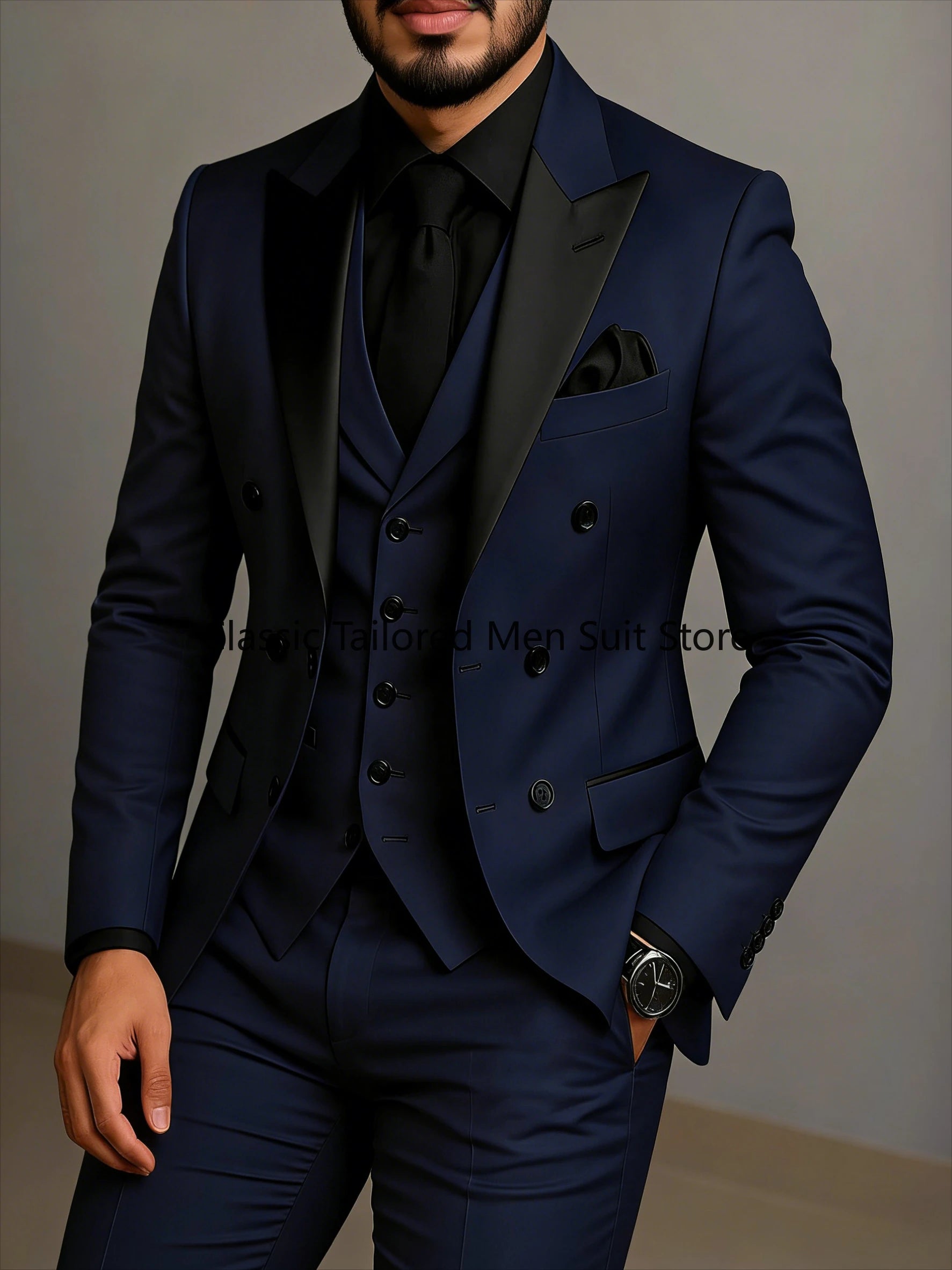 Beige Double Breasted Black Lapel  Slim Fit Wedding Suit LADYLYS