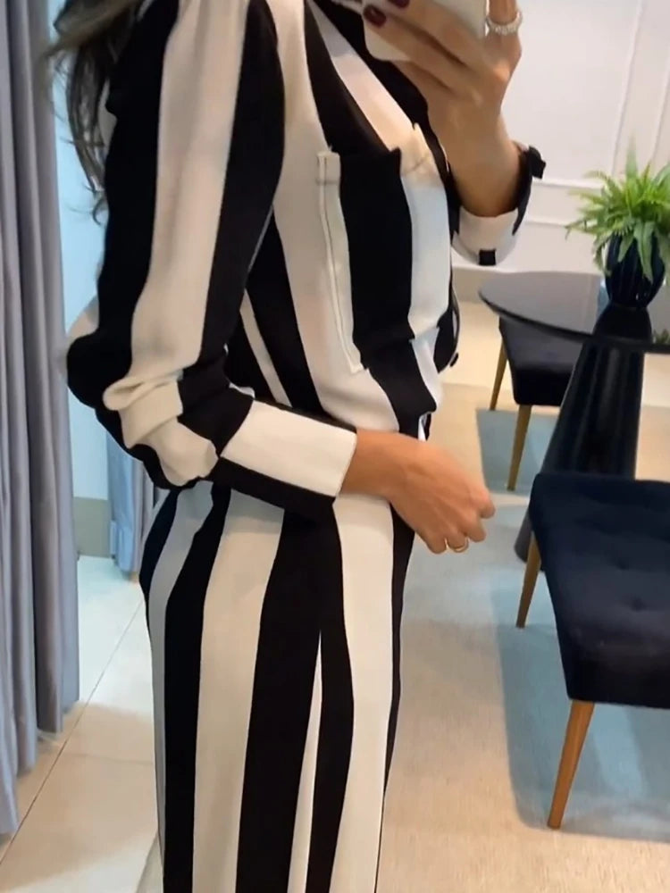 Women's Striped Wide Leg Pants Suit – Matching 2-Piece Set, Elegant Office Wear