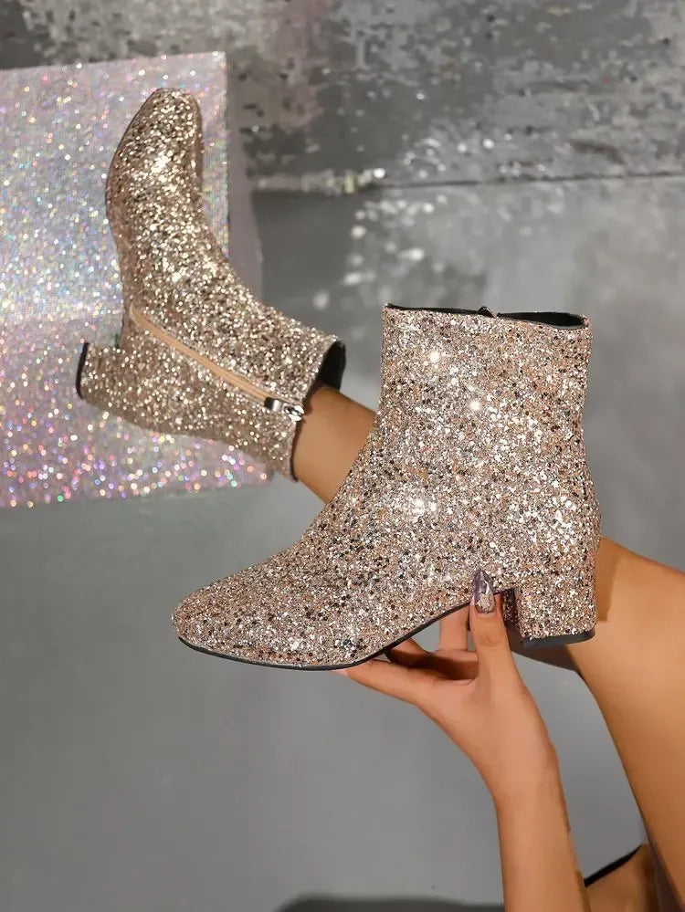 Women's Sparkly Mid-Calf Boots with Block Heels