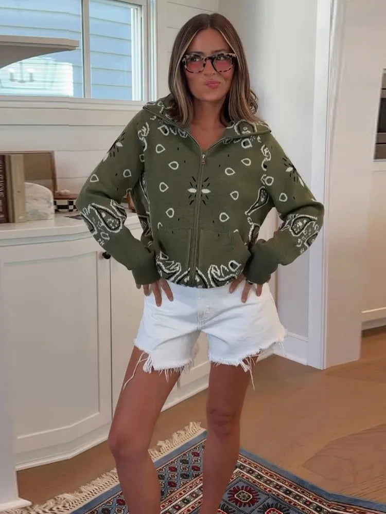 Women's Boho Jacquard Knit Cardigan with Stand Collar and Zip