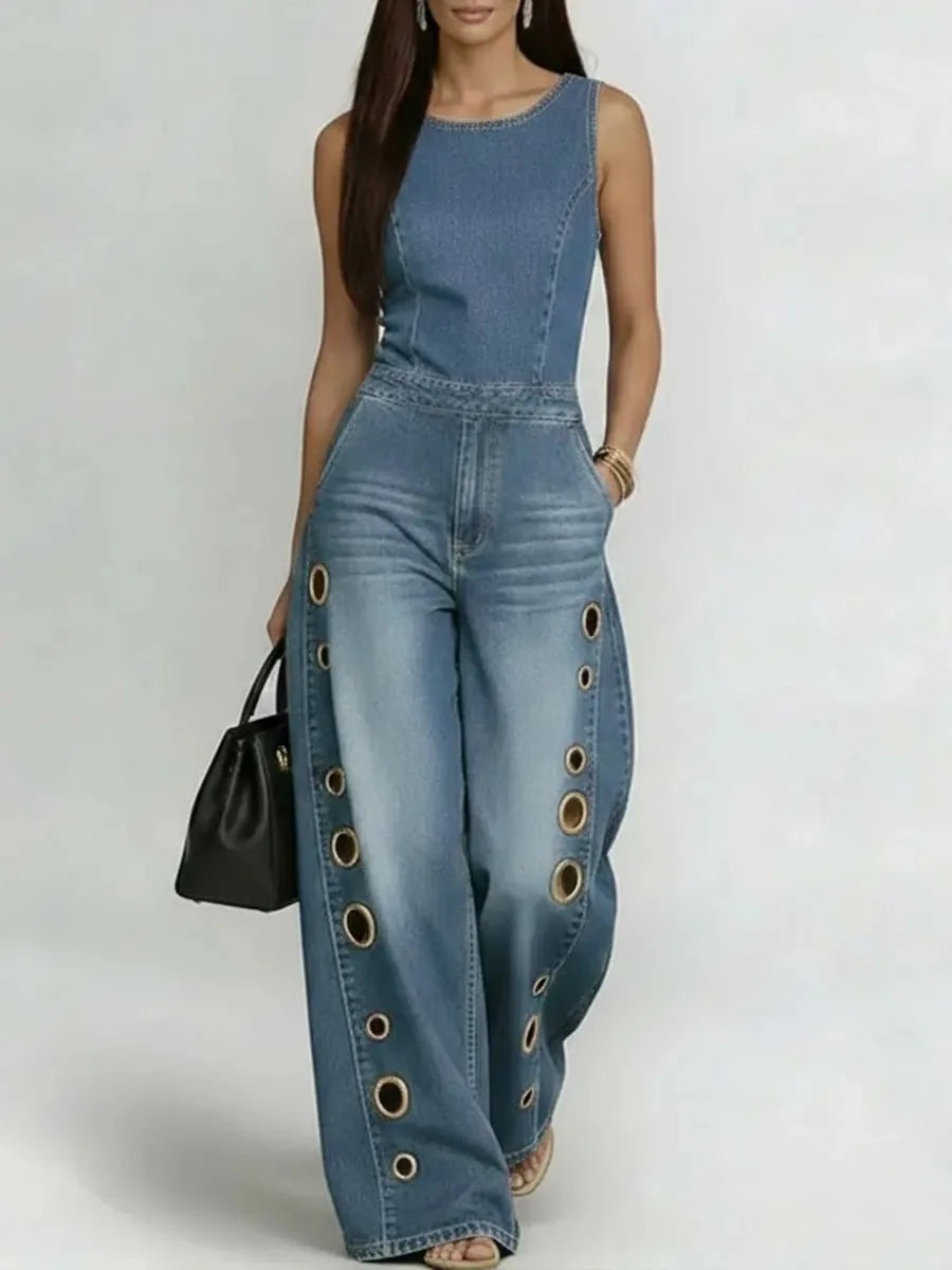 New Spring/Summer Fashion Casual Sleeveless O-neck Hollow Out Pockets Solid Color Slim Fit Ankle-Length Demin Jumpsuits,3 Colors LADYLYS