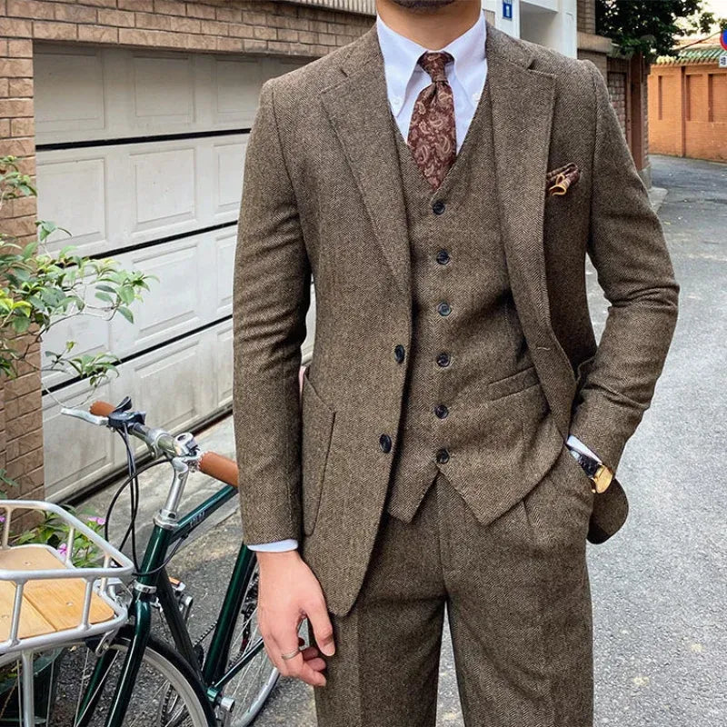 Men's Slim-Fit Herringbone Three-Piece Suit