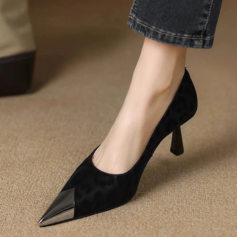 French Retro Leopard Print Heels – Pointed Toe, Slim High Heel, Shallow Cut