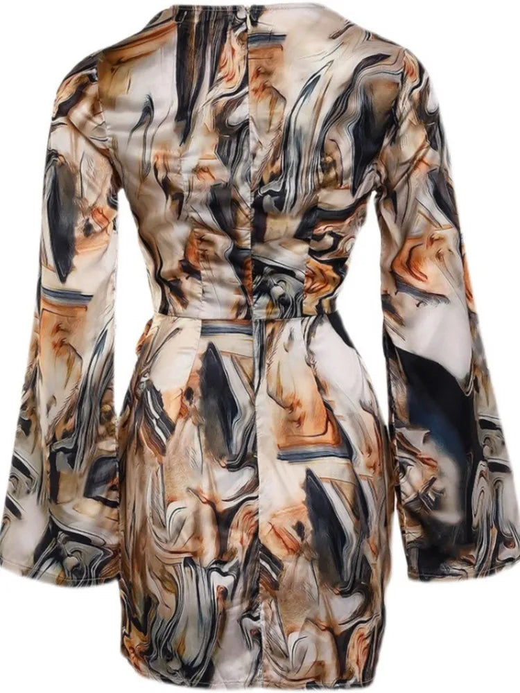 Long Sleeved Fashionable Printed Pleated Dress Sexy V-neck Irregular Casual Short Dress