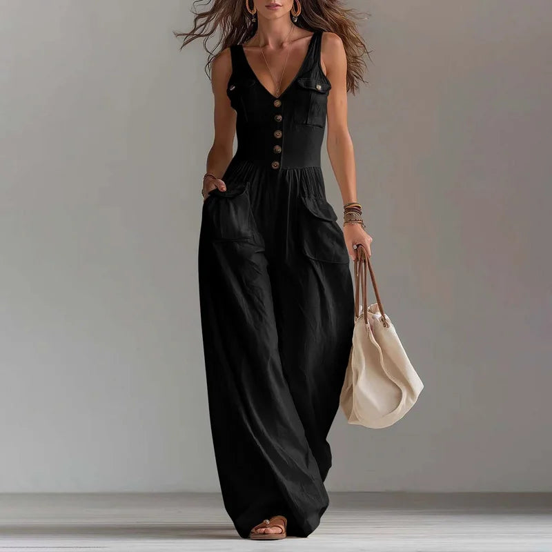 V-Neck Wide Leg Jumpsuit – Elegant Solid, High Waist, Full Length