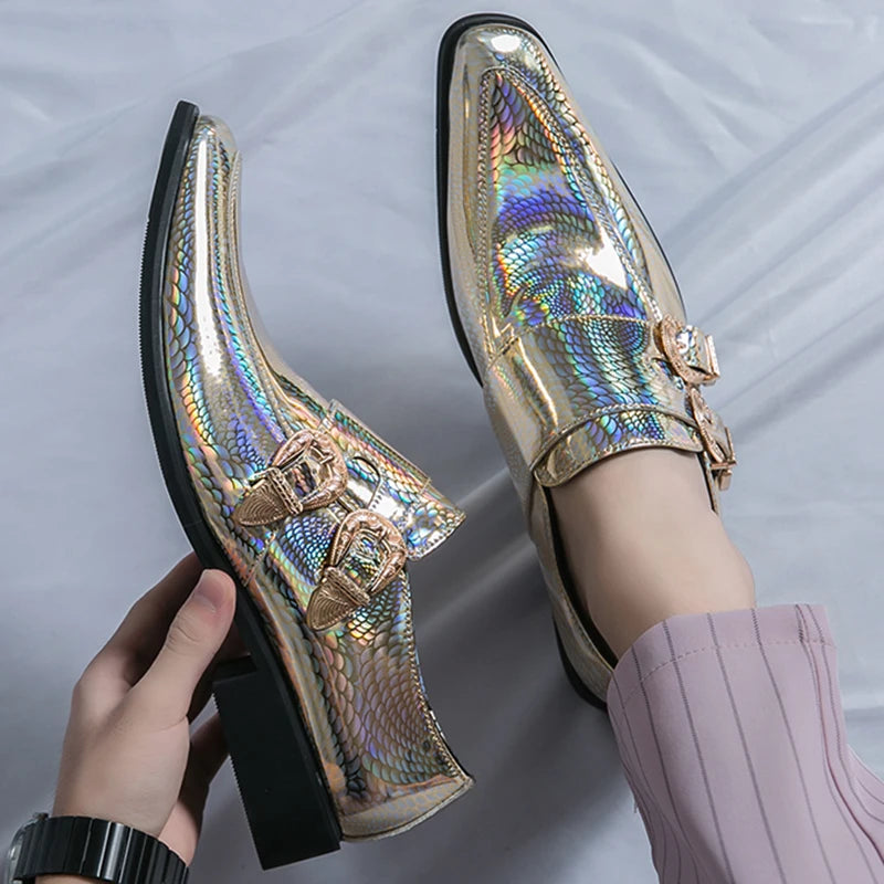 Luxury Men's Glossy Leather Loafers – High-End Green Banquet, Pointed Toe Chelsea