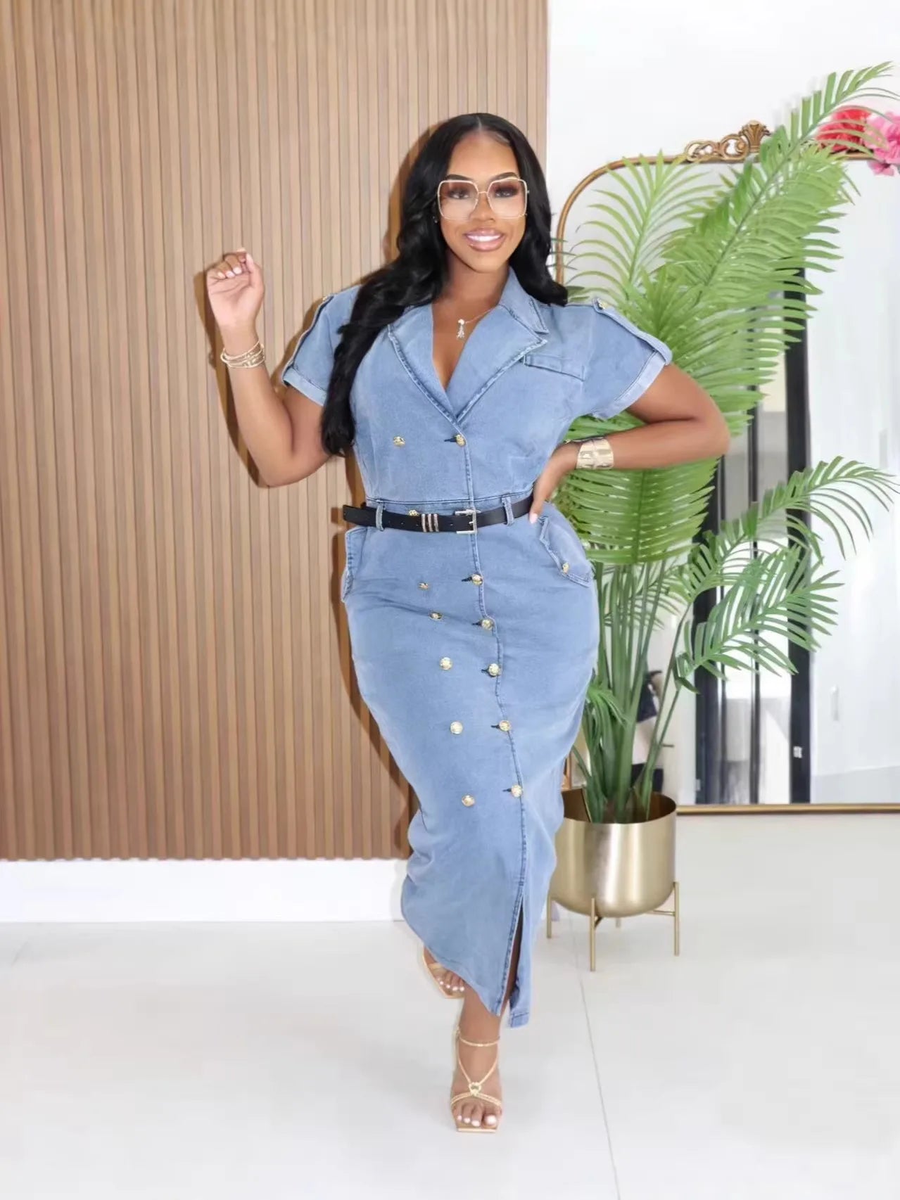 Double-Breasted Denim Dress – Short Sleeve Belted Knee-Length Casual Dress