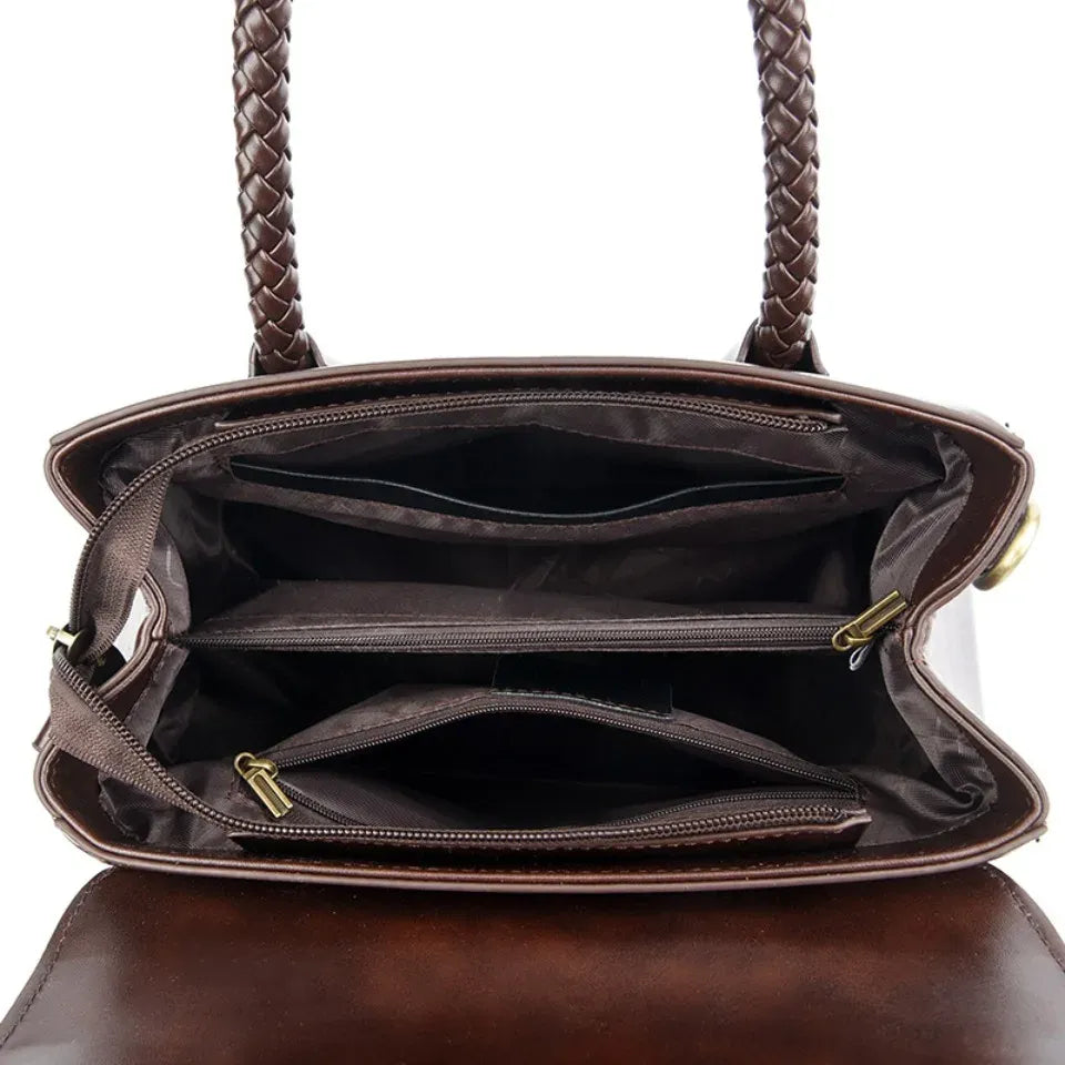 Women's Leather Top-Handle Bag with Woven Handle