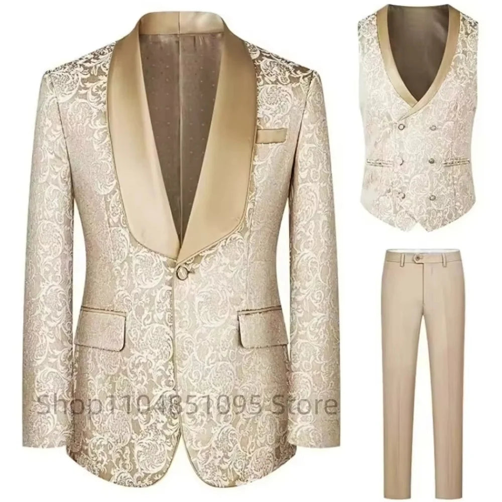 Men’s Champagne Jacquard Three-Piece Wedding Tuxedo