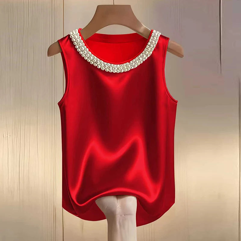 Elegant Satin Shirt Women Summer Bead Design Silk Blouse Women T-Shirts Fashion Loose Vest Women Tank Tops Fashion Lady Tee LADYLYS