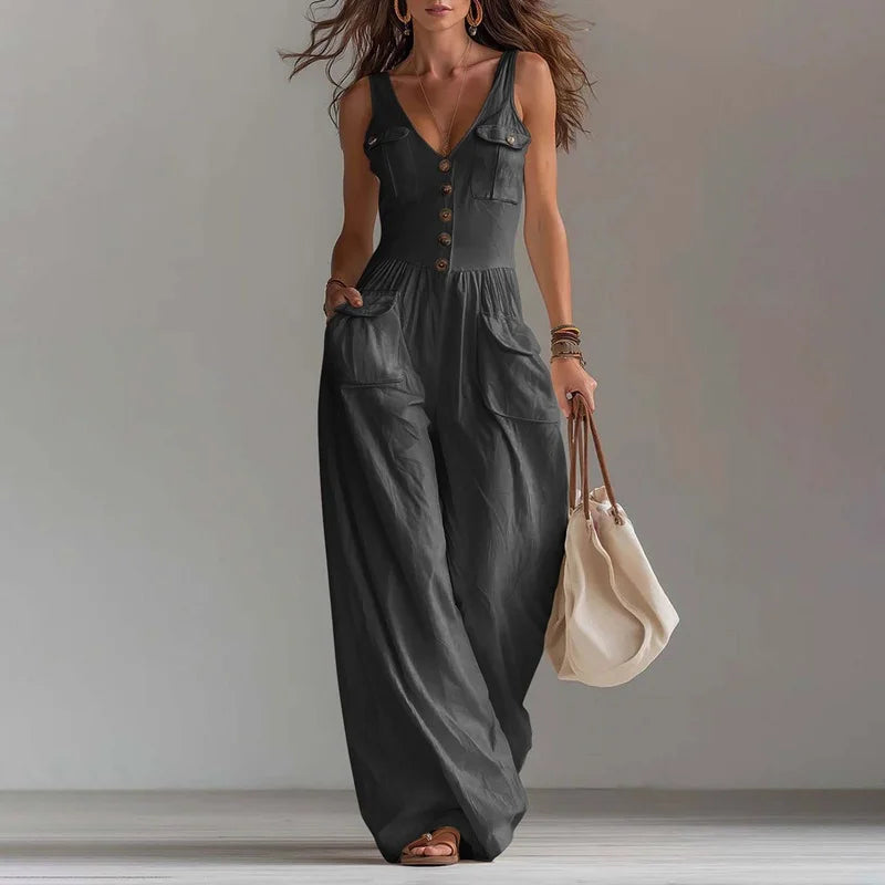 V-Neck Wide Leg Jumpsuit – Elegant Solid, High Waist, Full Length