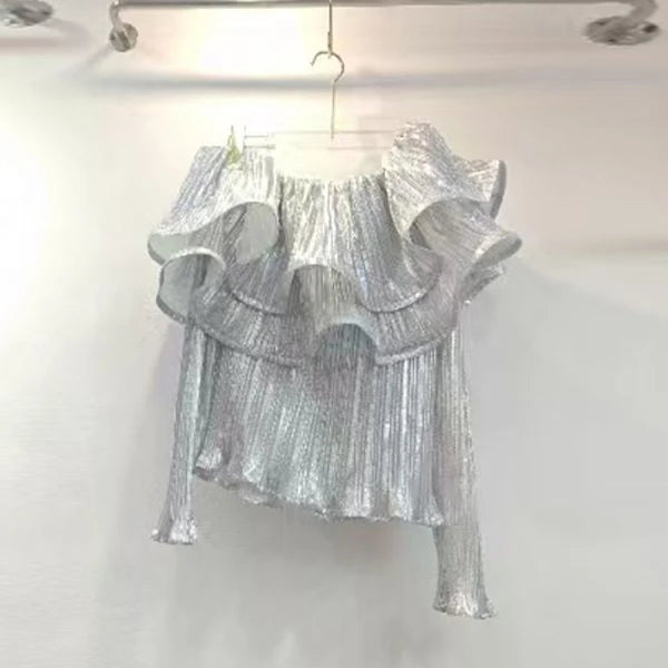 Camisas Solid Slash Neck Ruffled Long Sleeve Sexy Shirts Vintage Blouses