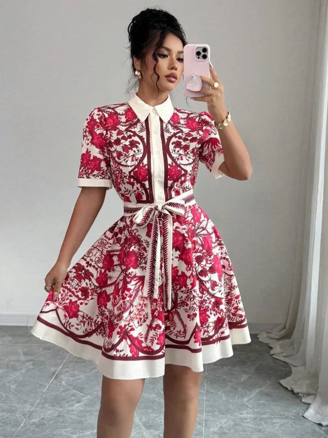 Printed Tie-Waist Shirt Dress – Short Sleeve A-Line Knee-Length | High Street Y2K Style