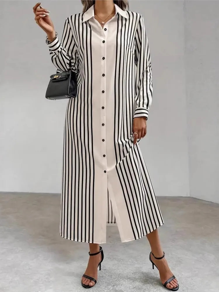 Striped Lapel Shirt Dress – Long Sleeve Button-Up Cardigan Style