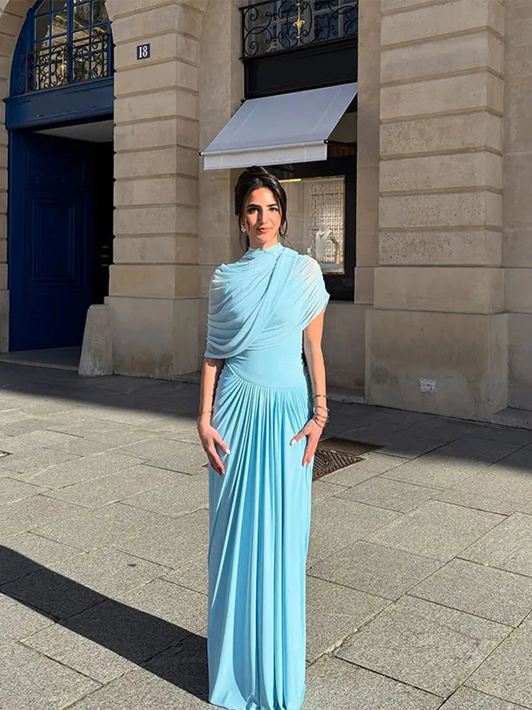 Irregular Shawl Blue Maxi Dress Women's Fashion Turtleneck Slim Fit Pleated LADYLYS