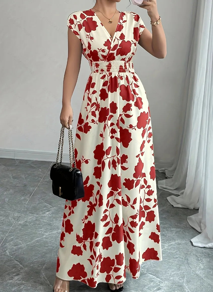 Printed V-Neck Short Sleeve Midi Dress – Lace-Up Waist Casual Summer Dress