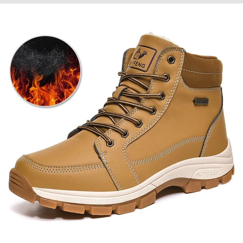 Men's Retro PU Leather Ankle Boots – Lace-Up Cowboy-Style Snow Boots with Optional Fur Lining