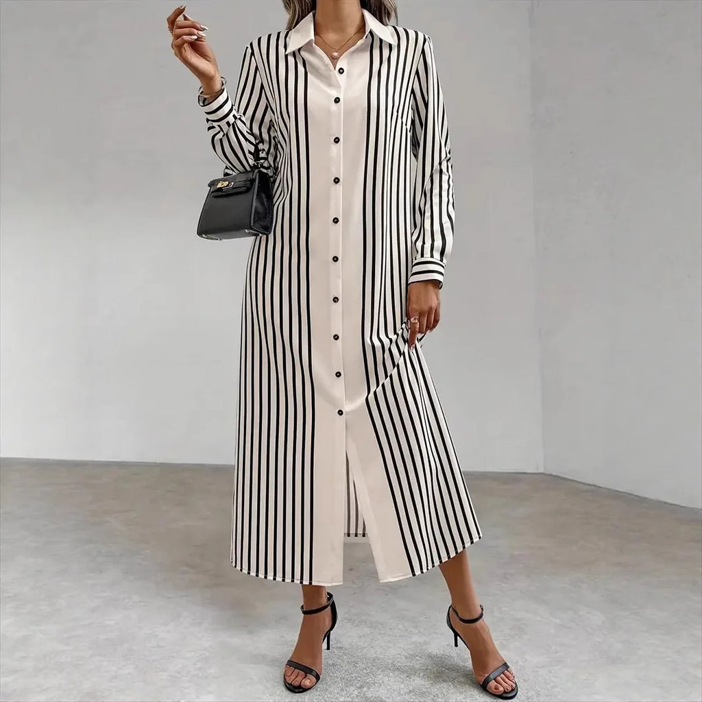 Striped Lapel Shirt Dress – Long Sleeve Button-Up Cardigan Style