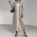 Striped Lapel Shirt Dress – Long Sleeve Button-Up Cardigan Style