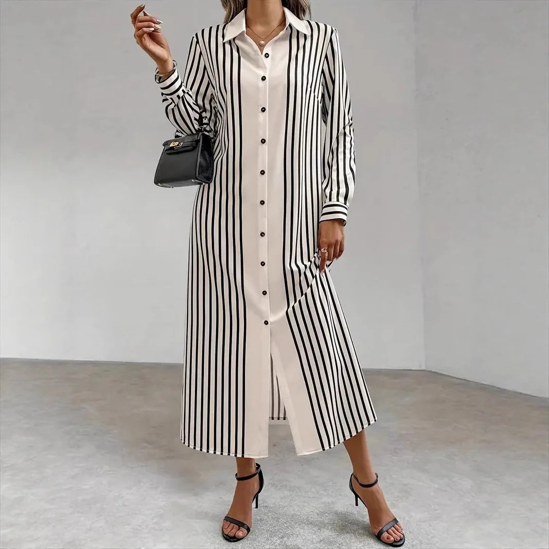 Striped Lapel Shirt Dress – Long Sleeve Button-Up Cardigan Style