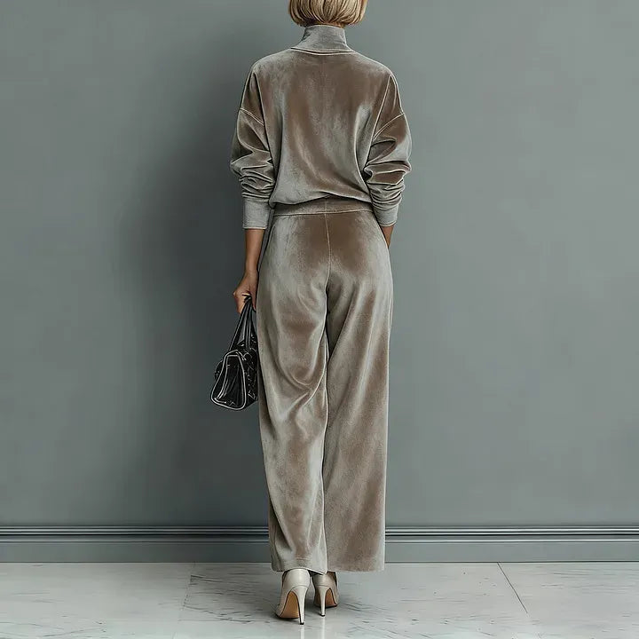 Women's High-Neck Velvet Top & Wide-Leg Trousers Set