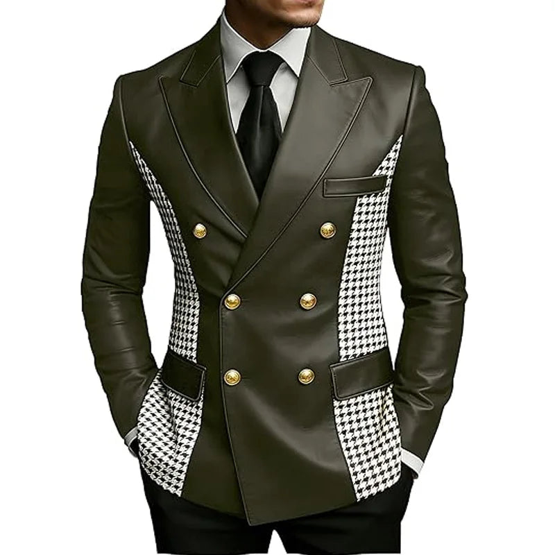 Leather Blazer With Houndstooth Sides Vintage Two-Tone Double Breasted LADYLYS